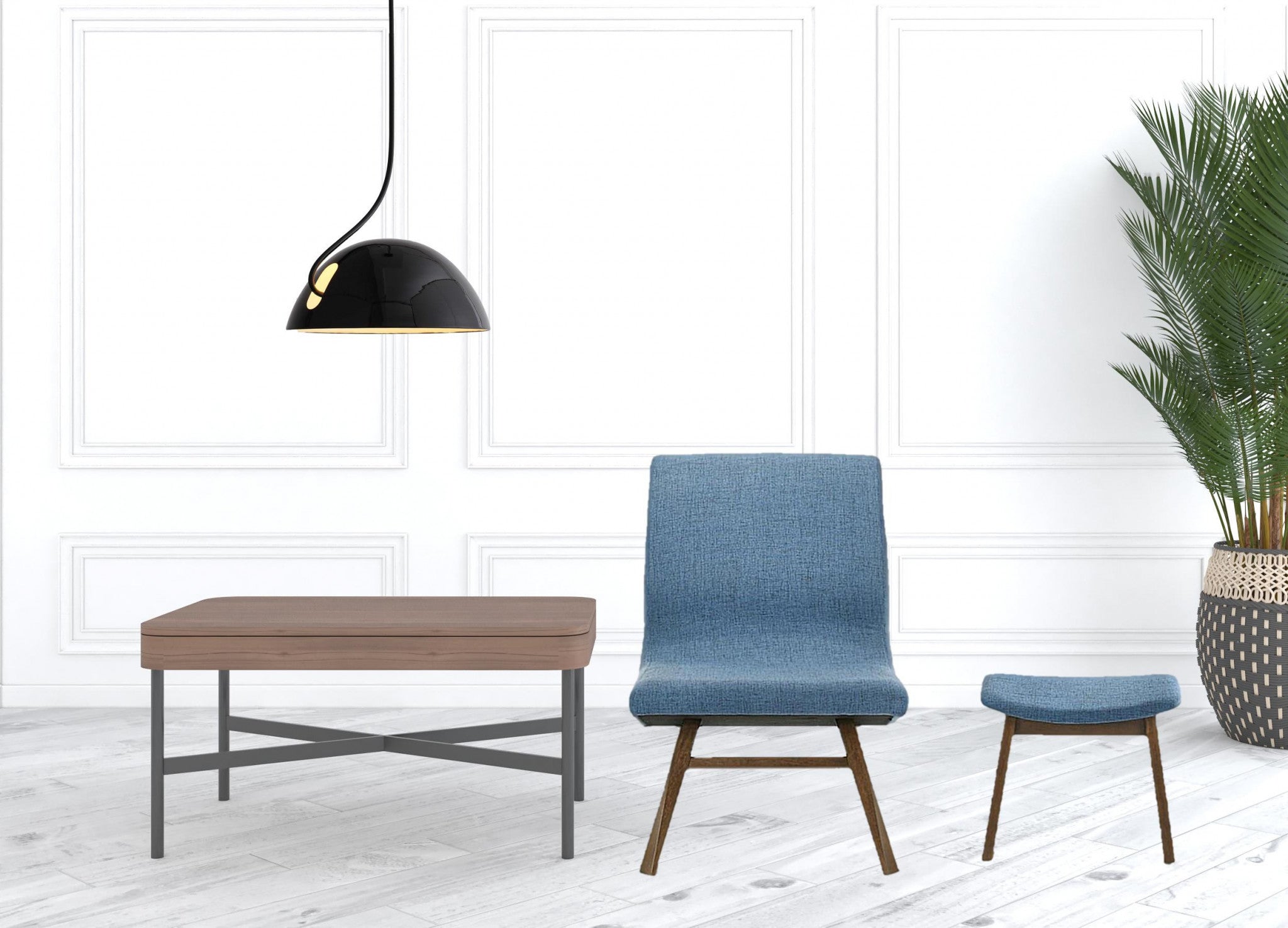 22" Blue And Walnut Solid Color Lounge Chair With Ottoman - Homeroots - Flyclothing LLC