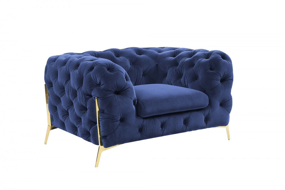 50" Blue Tufted Velvet And Gold Solid Color Lounge Chair - Homeroots
