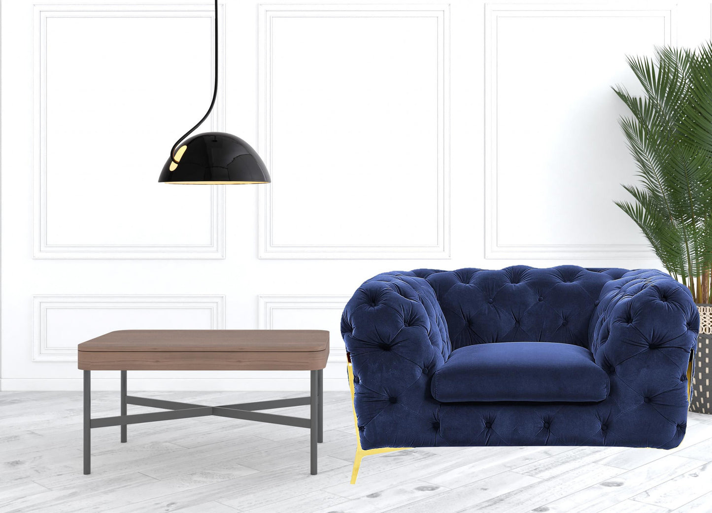 50" Blue Tufted Velvet And Gold Solid Color Lounge Chair - Homeroots - Flyclothing LLC