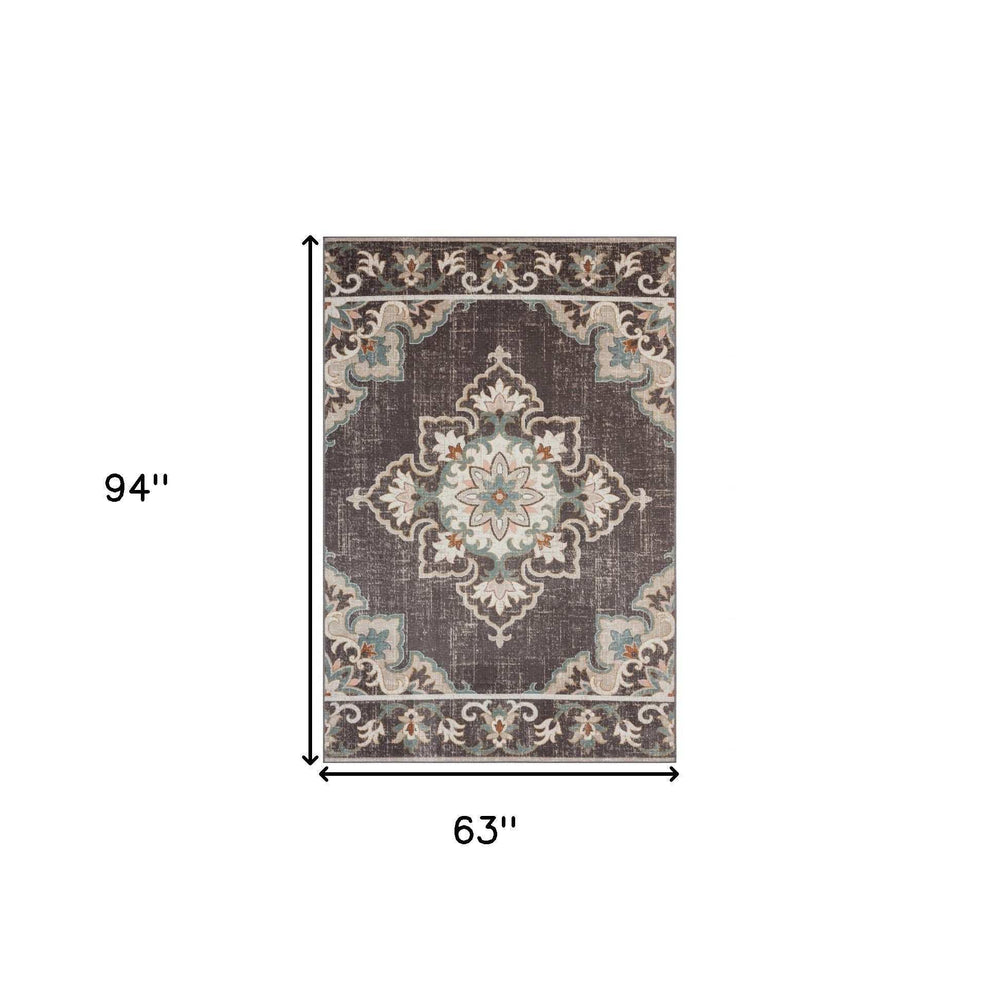 5' X 8' Brown Floral Stain Resistant Indoor Outdoor Area Rug - Homeroots - Flyclothing LLC
