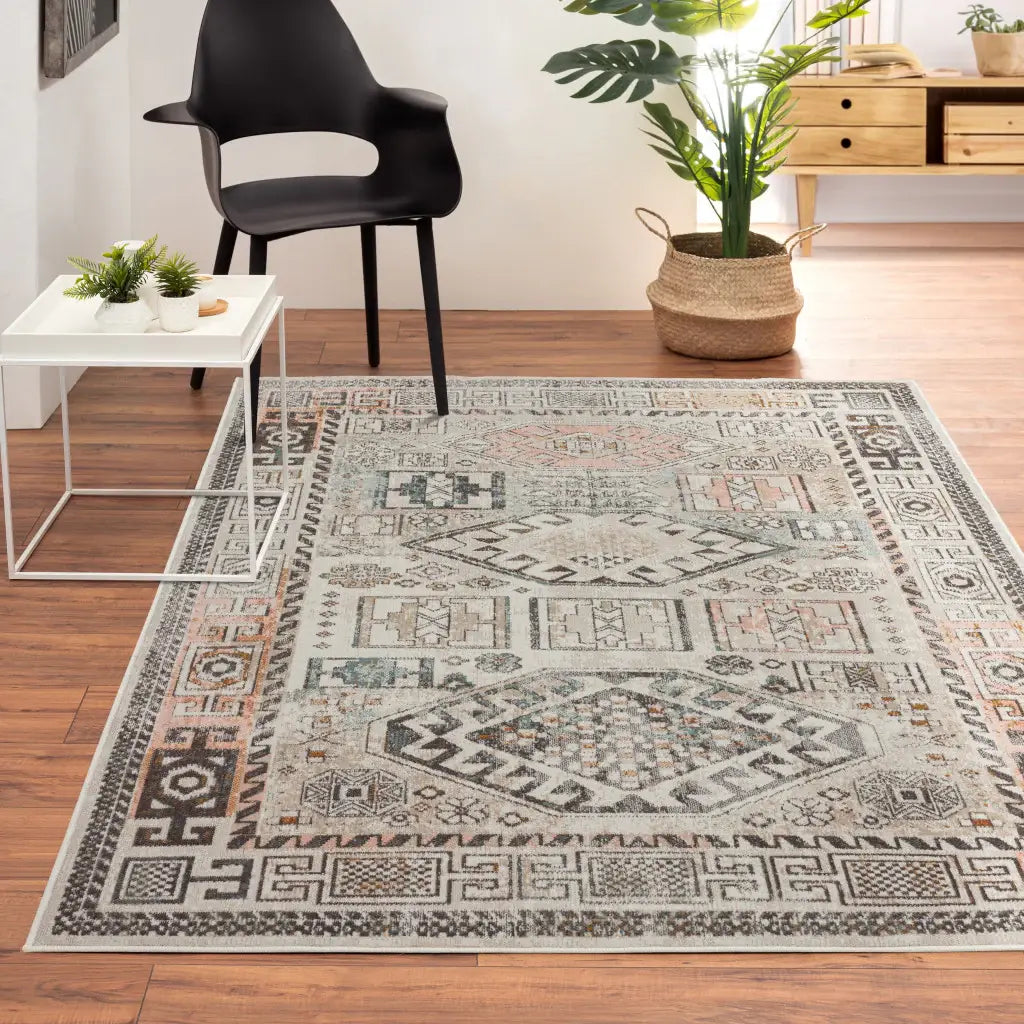 5' X 8' Cream Geometric Stain Resistant Indoor Outdoor Area Rug - Homeroots - Flyclothing LLC