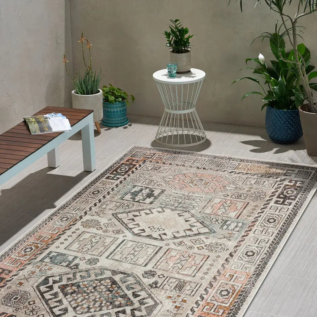 5' X 8' Cream Geometric Stain Resistant Indoor Outdoor Area Rug - Homeroots - Flyclothing LLC