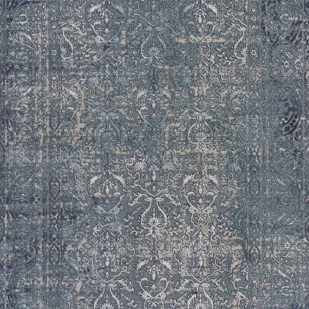 8' X 11' Blue Silver Gray And Cream Damask Distressed Stain Resistant Area Rug - Homeroots - Flyclothing LLC