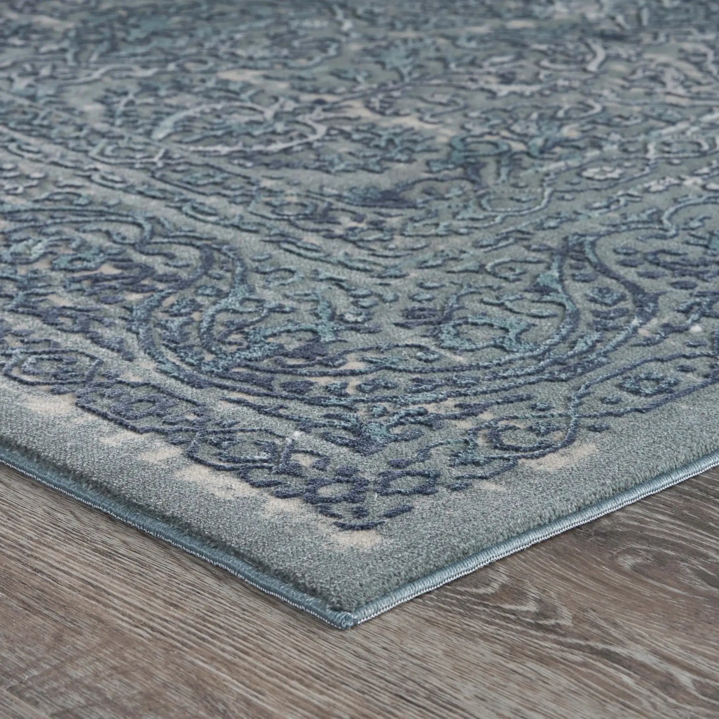 8' X 11' Blue Silver Gray And Cream Damask Distressed Stain Resistant Area Rug - Homeroots - Flyclothing LLC