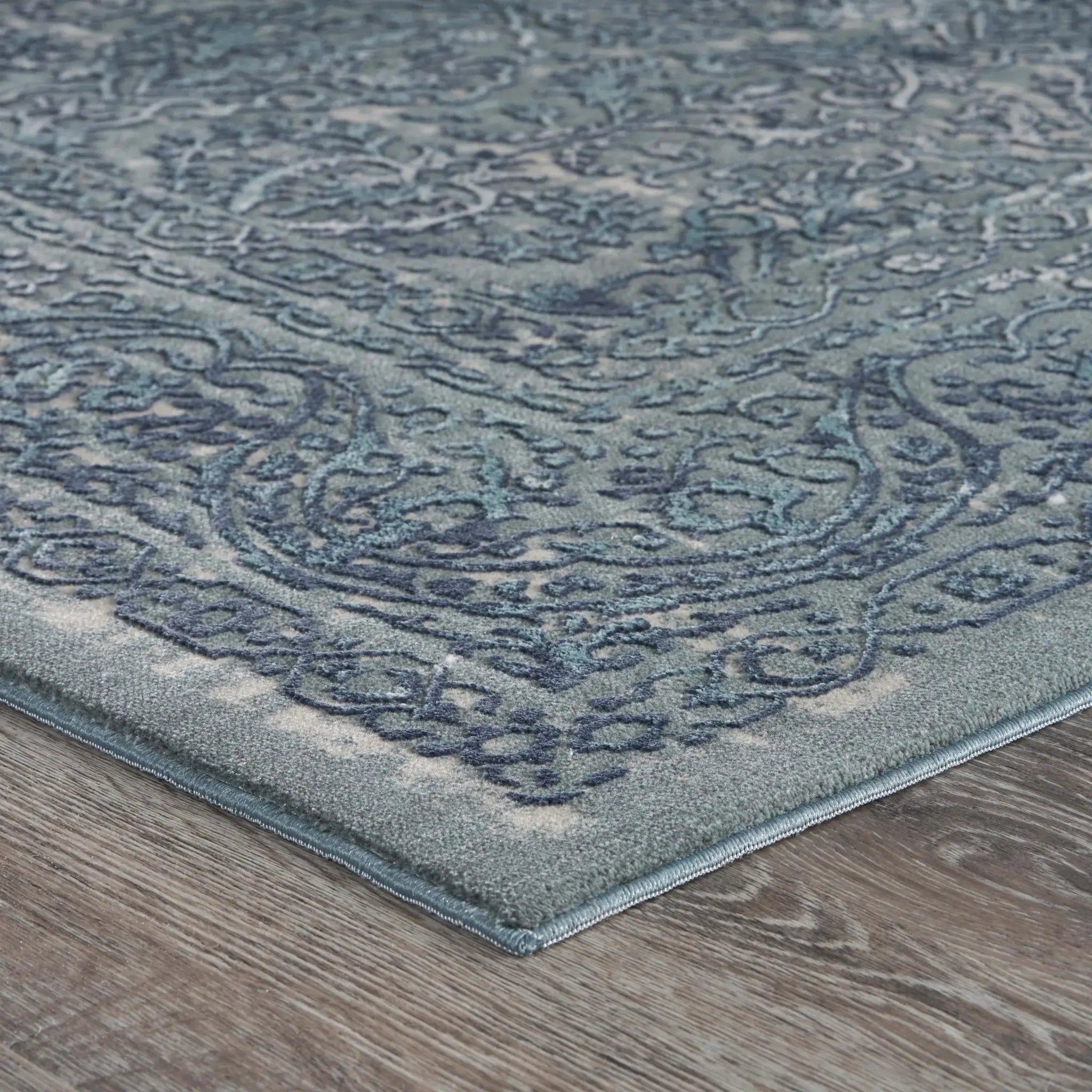 8' X 11' Blue Silver Gray And Cream Damask Distressed Stain Resistant Area Rug - Homeroots - Flyclothing LLC