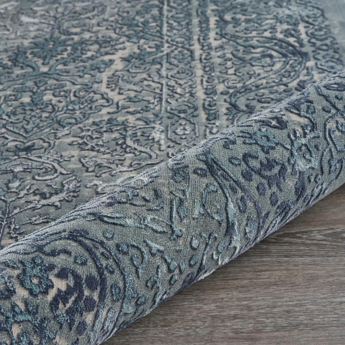 8' X 11' Blue Silver Gray And Cream Damask Distressed Stain Resistant Area Rug - Homeroots - Flyclothing LLC