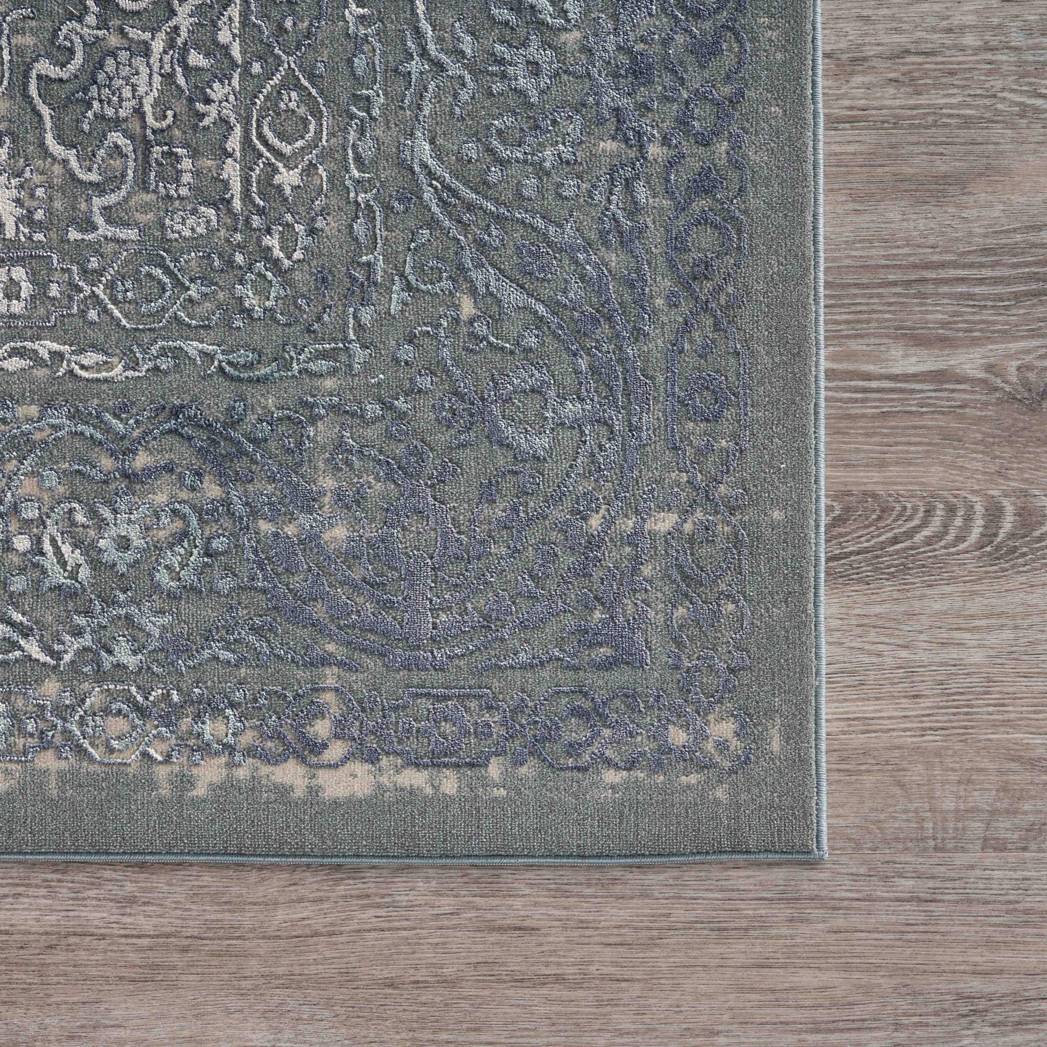 8' X 11' Blue Silver Gray And Cream Damask Distressed Stain Resistant Area Rug - Homeroots - Flyclothing LLC