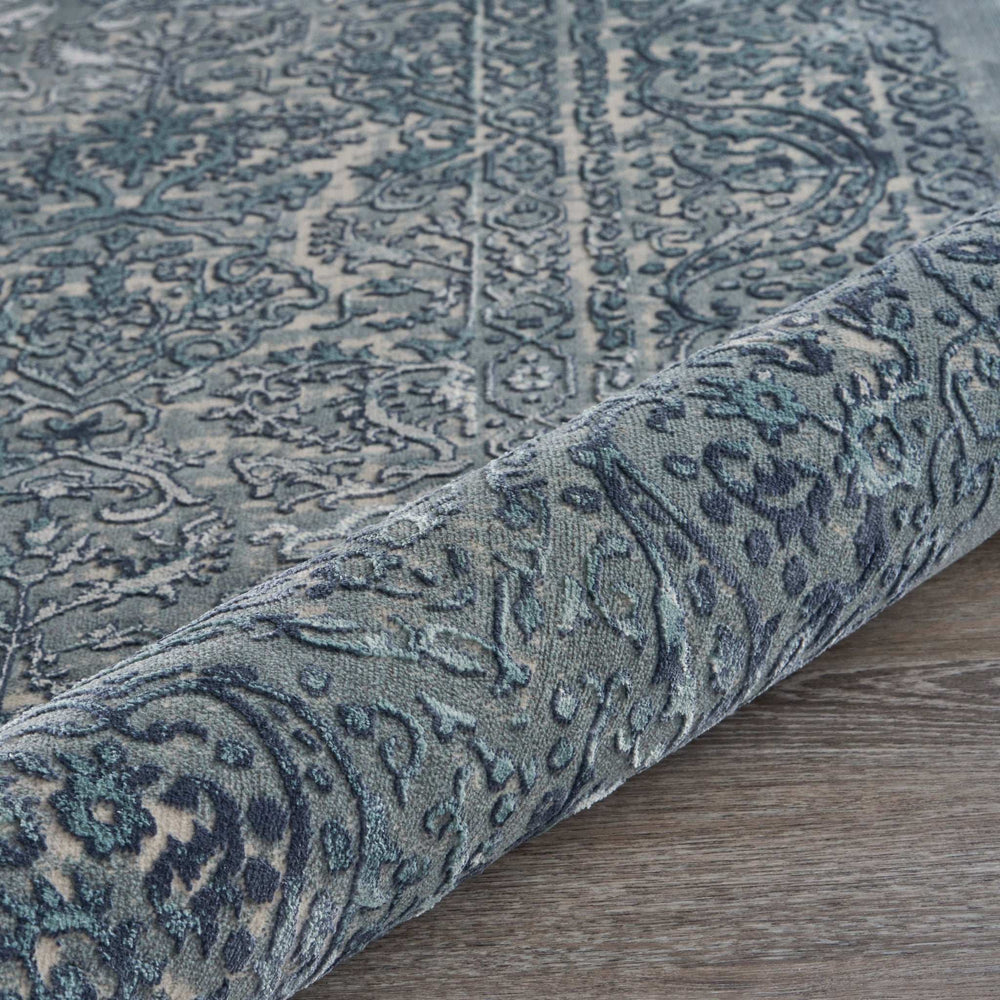 10' X 13' Blue Silver Gray And Cream Damask Distressed Stain Resistant Area Rug - Homeroots - Flyclothing LLC