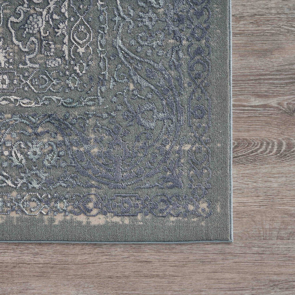 10' X 13' Blue Silver Gray And Cream Damask Distressed Stain Resistant Area Rug - Homeroots - Flyclothing LLC