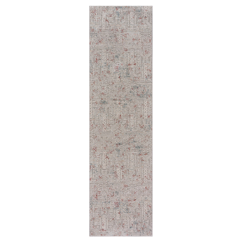 8' Gray Ivory Slate Blue And Wine Red Geometric Distressed Runner Rug - Homeroots
