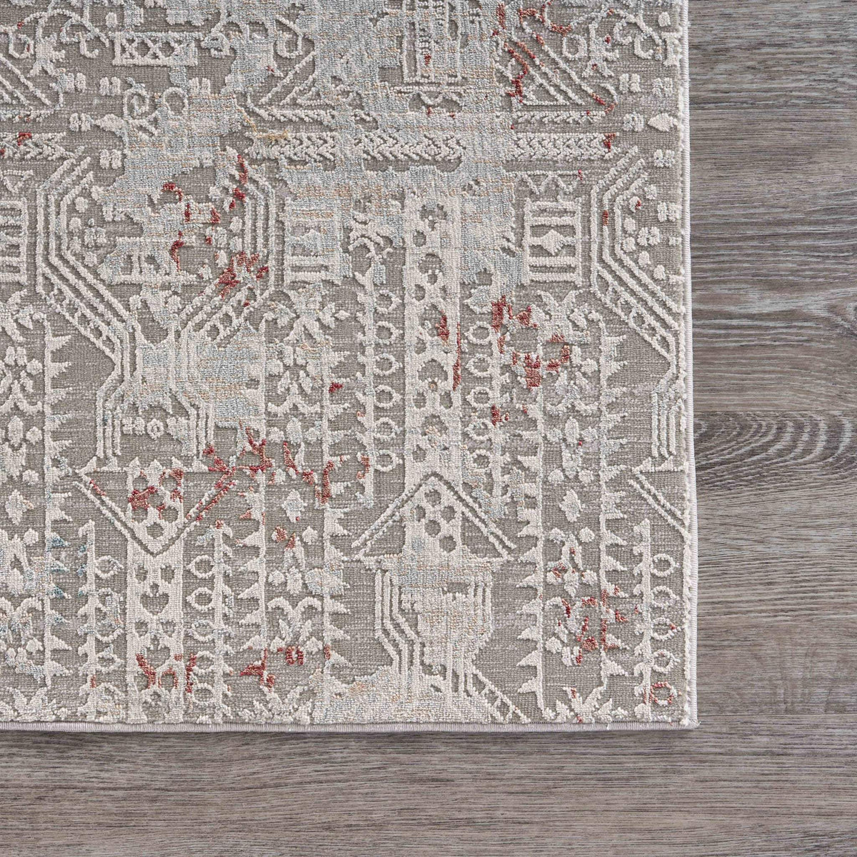 8' Gray Ivory Slate Blue And Wine Red Geometric Distressed Runner Rug - Homeroots - Flyclothing LLC