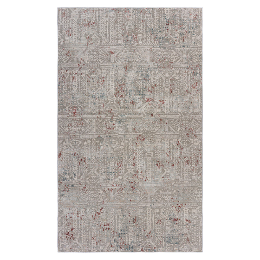 10' X 13' Gray Ivory Slate Blue And Wine Red Geometric Stain Resistant Area Rug