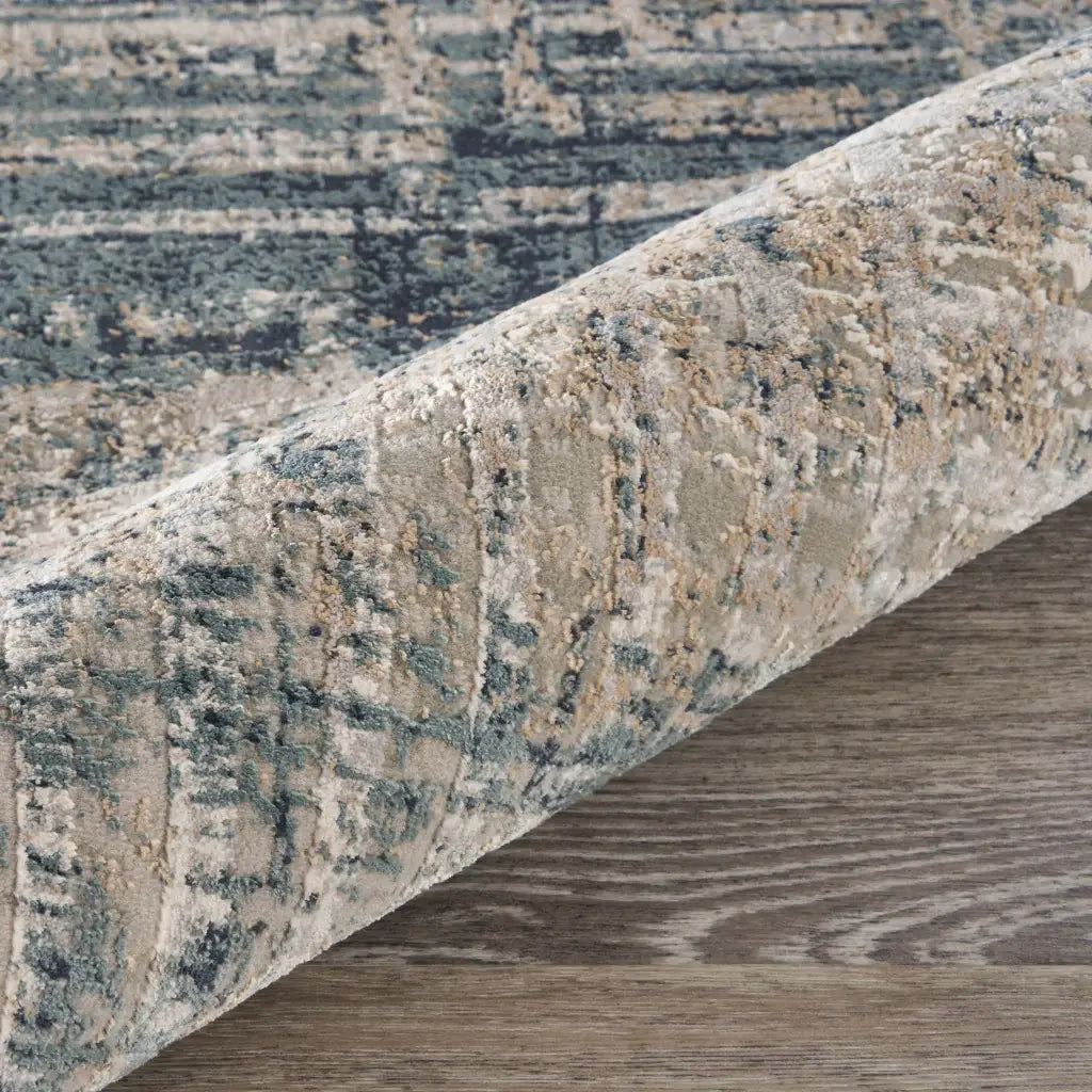 8' Cream Blue And Ivory Geometric Distressed Runner Rug - Homeroots - Flyclothing LLC