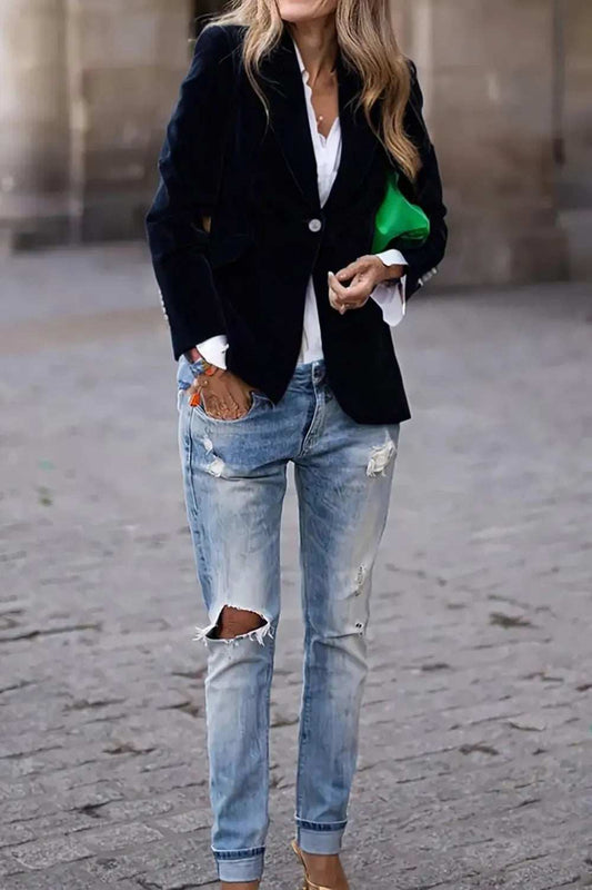 One Button Lapel Collar Long Sleeve Blazer - Trendsi - Flyclothing LLC