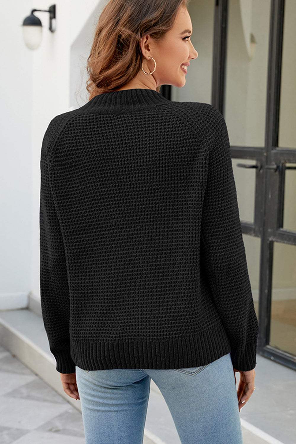 Waffle-Knit Round Neck Reglan Sleeve Sweater - Trendsi - Flyclothing LLC