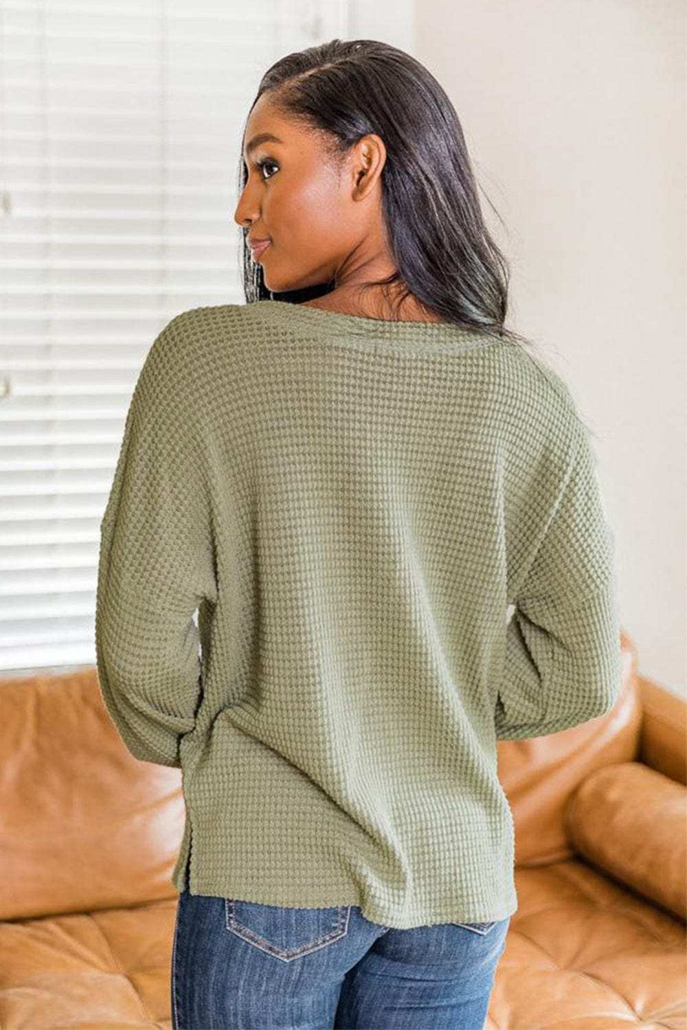 Slit Waffle Knit Long Sleeve T-Shirt - Trendsi - Flyclothing LLC