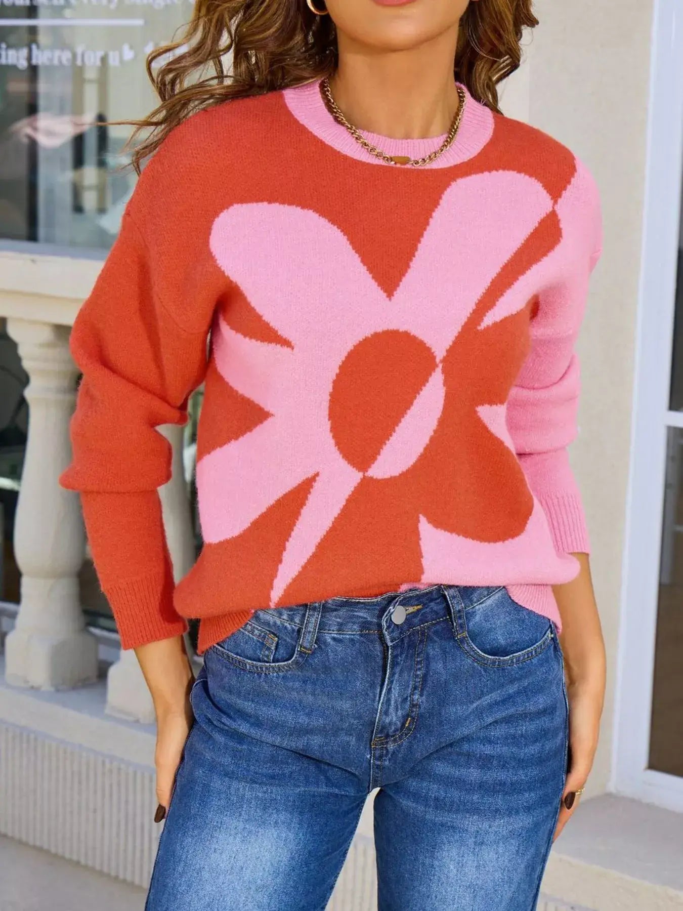 Floral Pattern Color Block Sweater - Trendsi - Flyclothing LLC