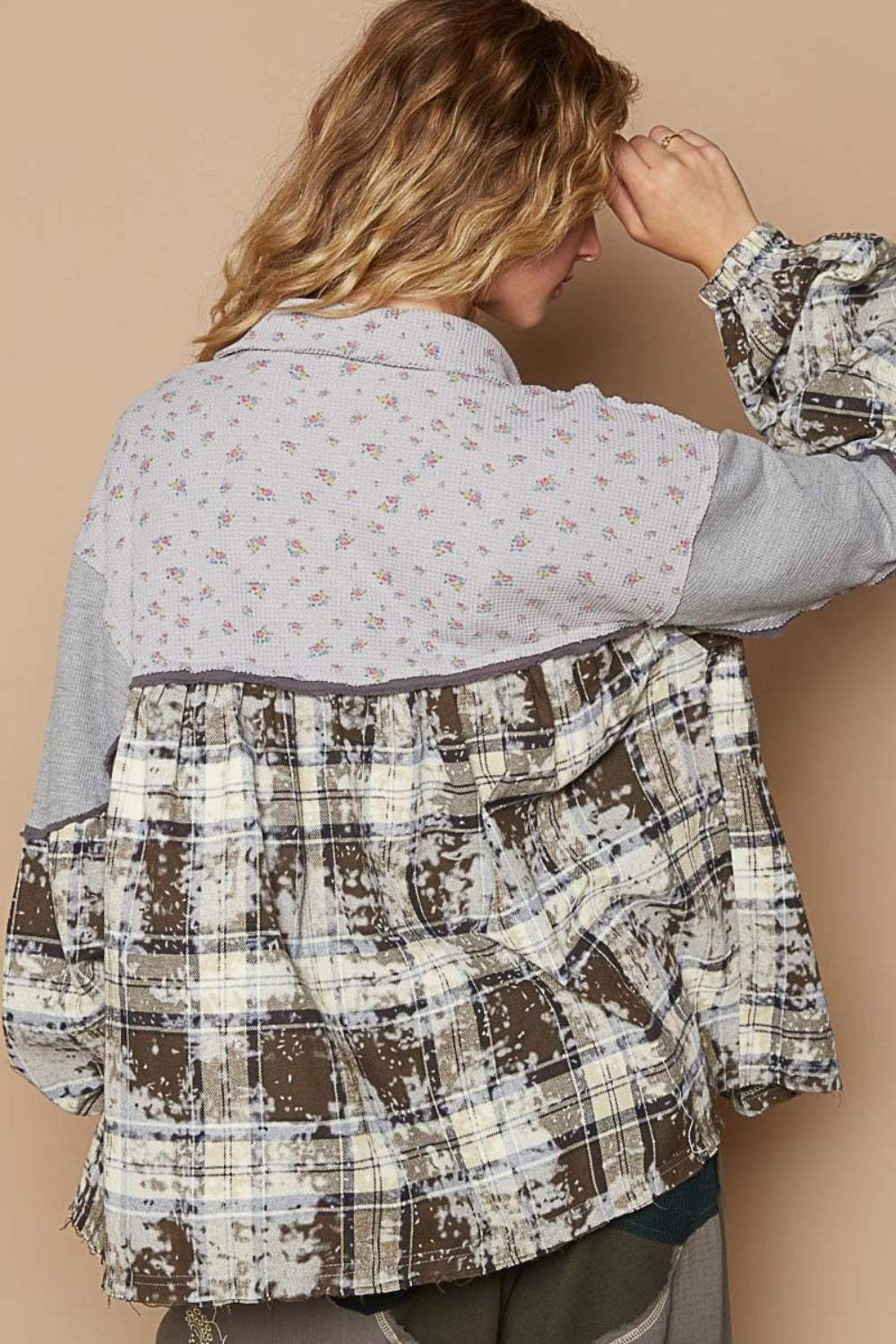 POL Balloon Sleeve Floral Color Block Plaid Shirt - Trendsi - Flyclothing LLC