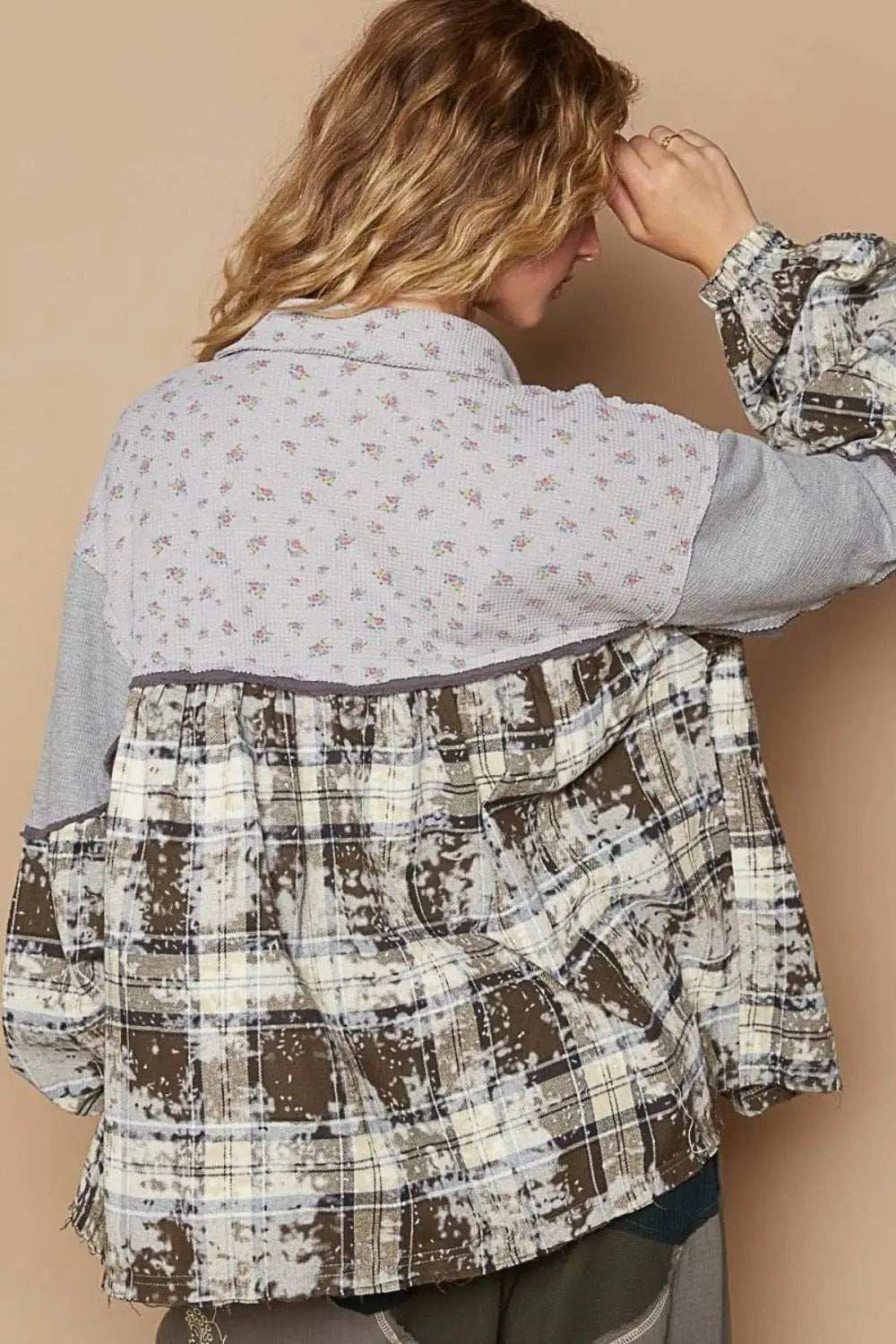 POL Balloon Sleeve Floral Color Block Plaid Shirt - Trendsi - Flyclothing LLC