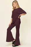 Double Take Full Size Round Neck Drop Shoulder T-Shirt and Flare Pants Set - Trendsi - Flyclothing LLC