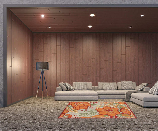 5' X 8' Orange And Ivory Floral Stain Resistant Indoor Outdoor Area Rug - Homeroots - Flyclothing LLC