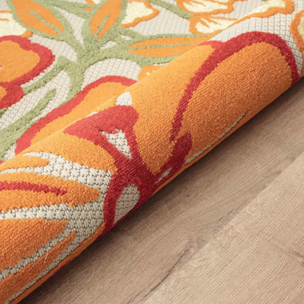5' X 8' Orange And Ivory Floral Stain Resistant Indoor Outdoor Area Rug - Homeroots - Flyclothing LLC