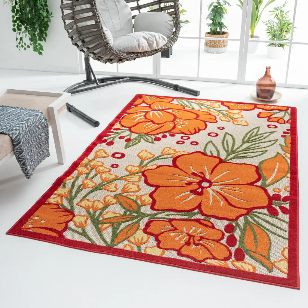 5' X 8' Orange And Ivory Floral Stain Resistant Indoor Outdoor Area Rug - Homeroots - Flyclothing LLC