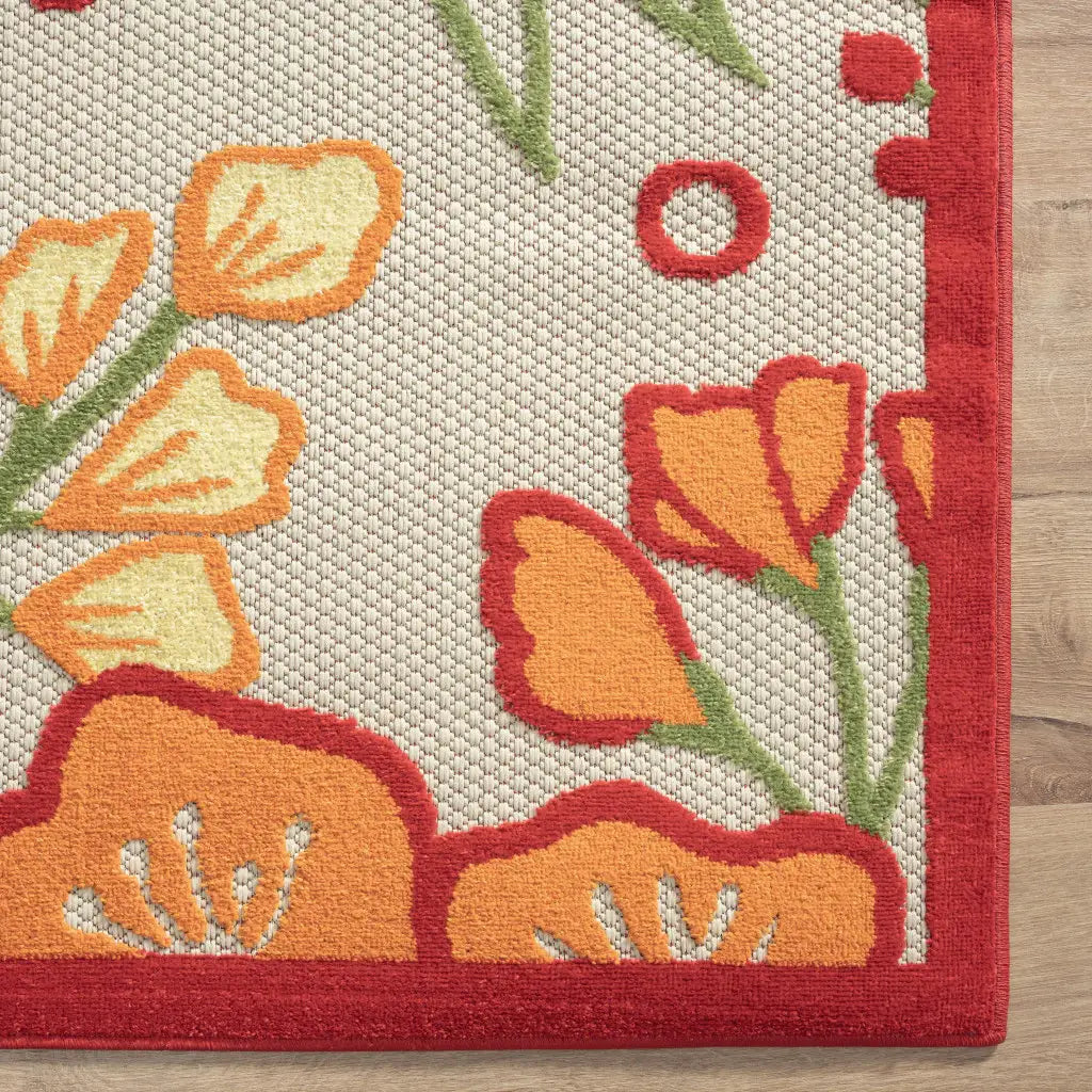8' X 10' Orange And Ivory Floral Stain Resistant Indoor Outdoor Area Rug - Homeroots - Flyclothing LLC