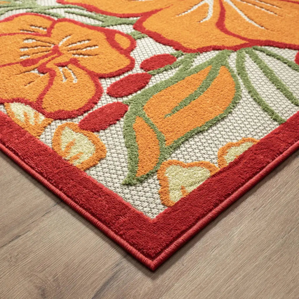 8' X 10' Orange And Ivory Floral Stain Resistant Indoor Outdoor Area Rug - Homeroots - Flyclothing LLC