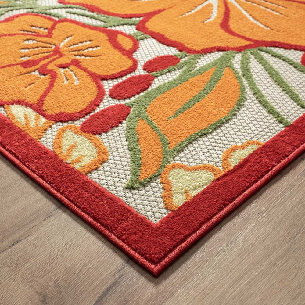 8' X 10' Orange And Ivory Floral Stain Resistant Indoor Outdoor Area Rug - Homeroots - Flyclothing LLC