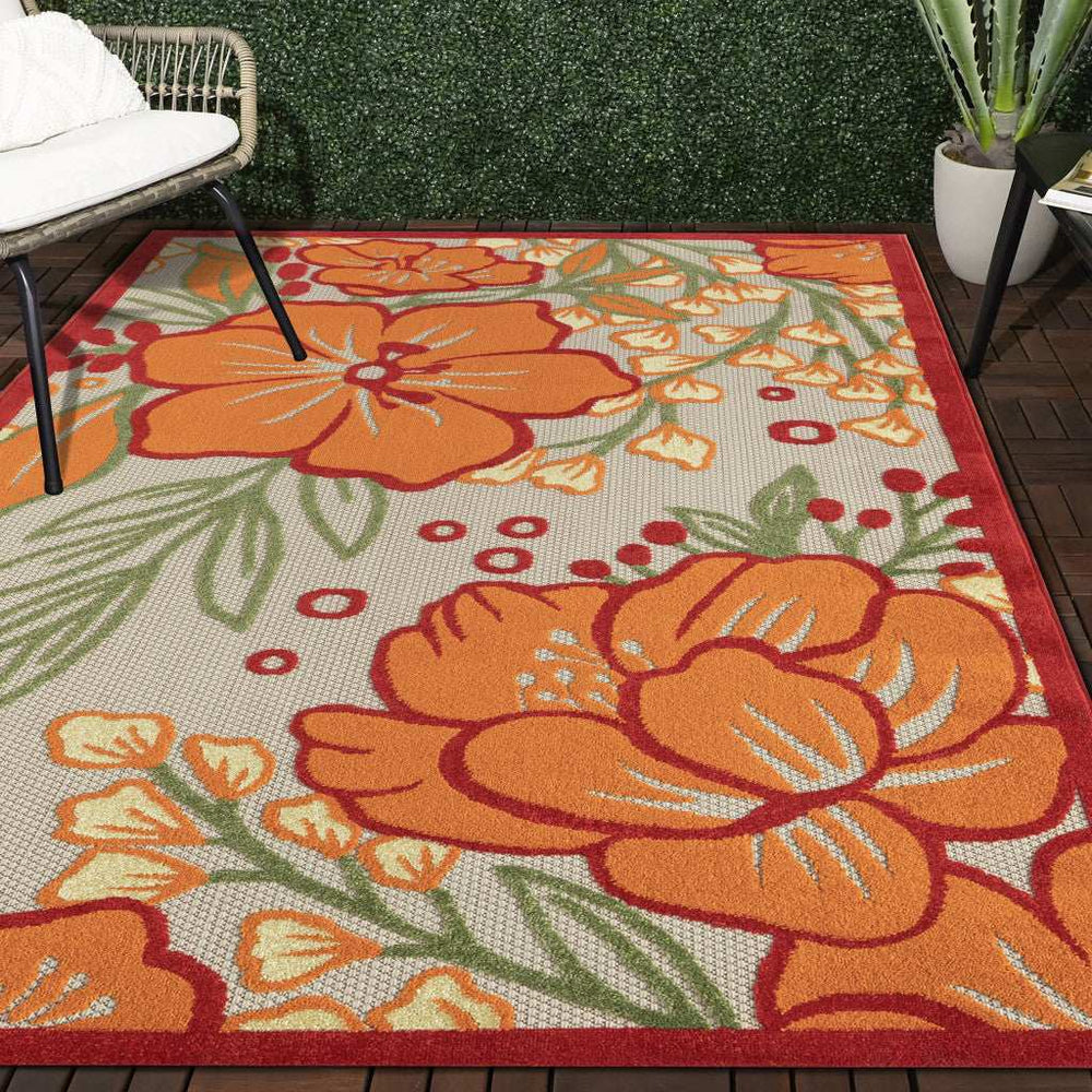 8' X 10' Orange And Ivory Floral Stain Resistant Indoor Outdoor Area Rug - Homeroots - Flyclothing LLC