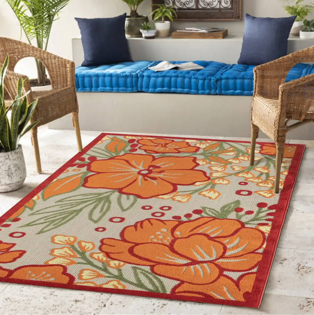 8' X 10' Orange And Ivory Floral Stain Resistant Indoor Outdoor Area Rug - Homeroots - Flyclothing LLC