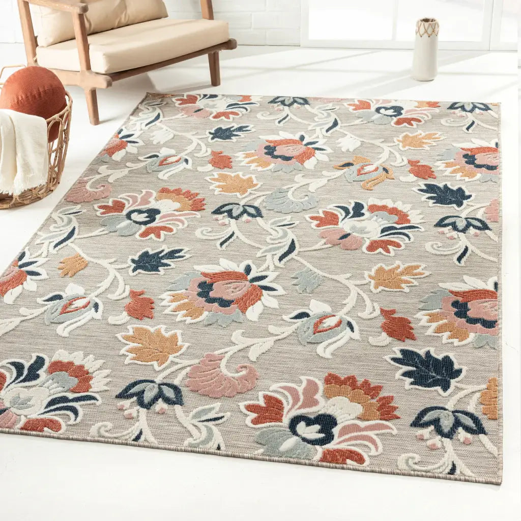 8' X 10' Blue And Gray Floral Stain Resistant Indoor Outdoor Area Rug - Homeroots - Flyclothing LLC