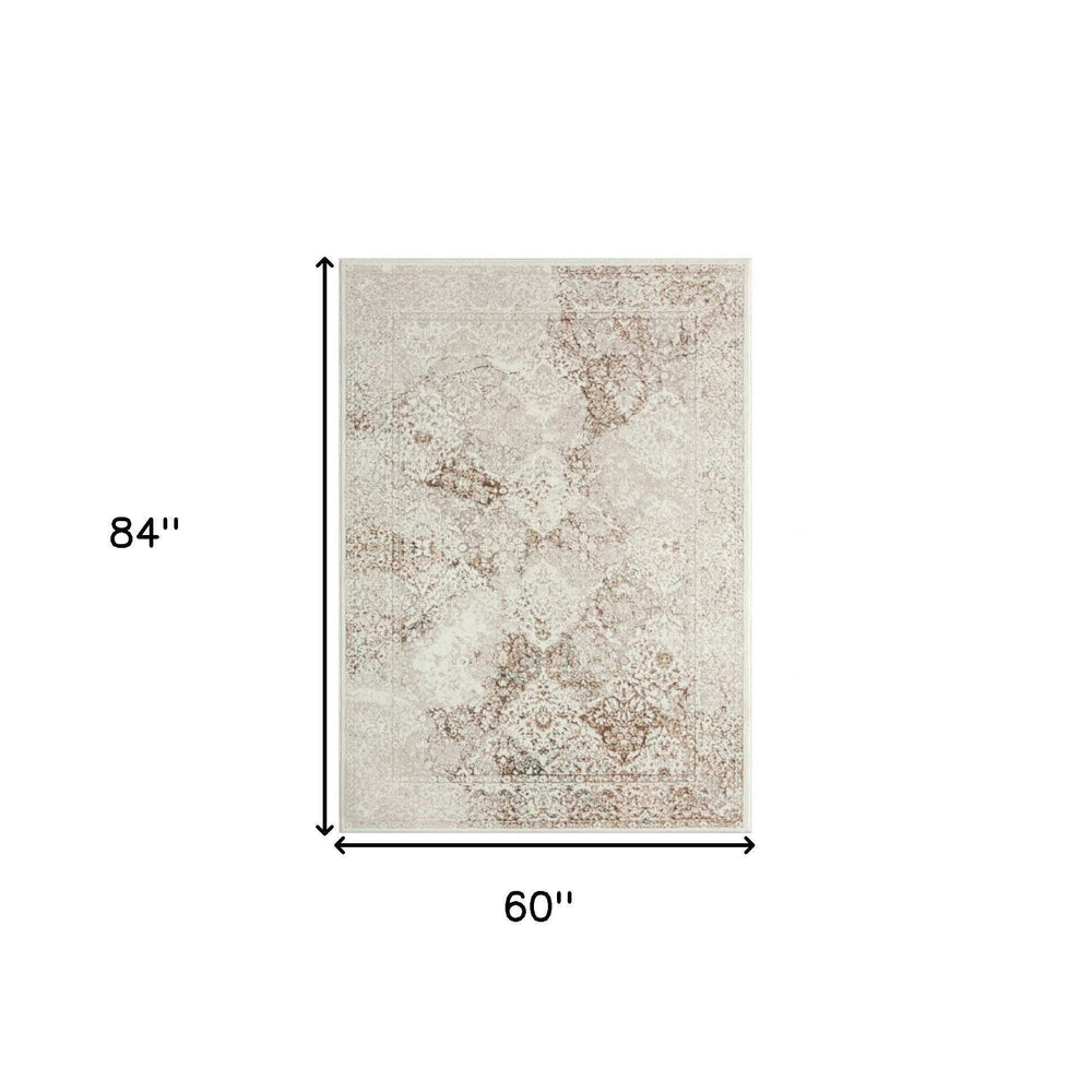 5' X 7' Beige Cream And Brown Damask Stain Resistant Area Rug - Homeroots - Flyclothing LLC