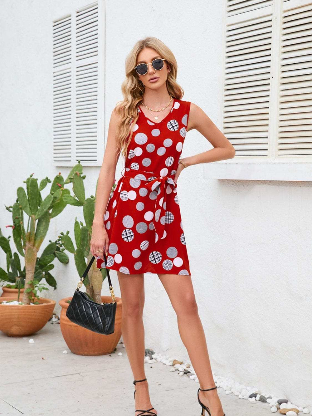 Tied Polka Dot V-Neck Dress - Trendsi - Flyclothing LLC