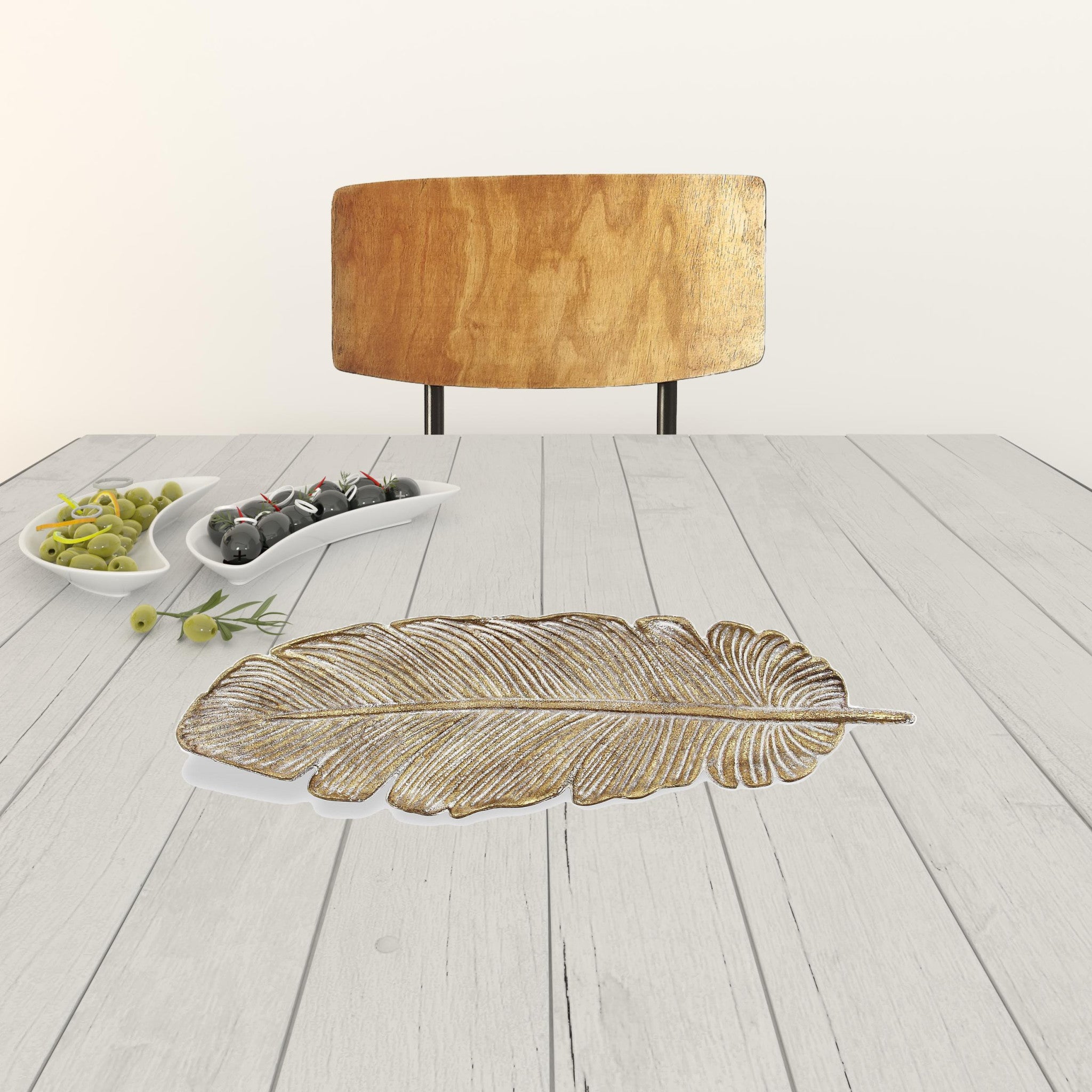 18" Gold Feather Metal Handmade Tray - Homeroots - Flyclothing LLC
