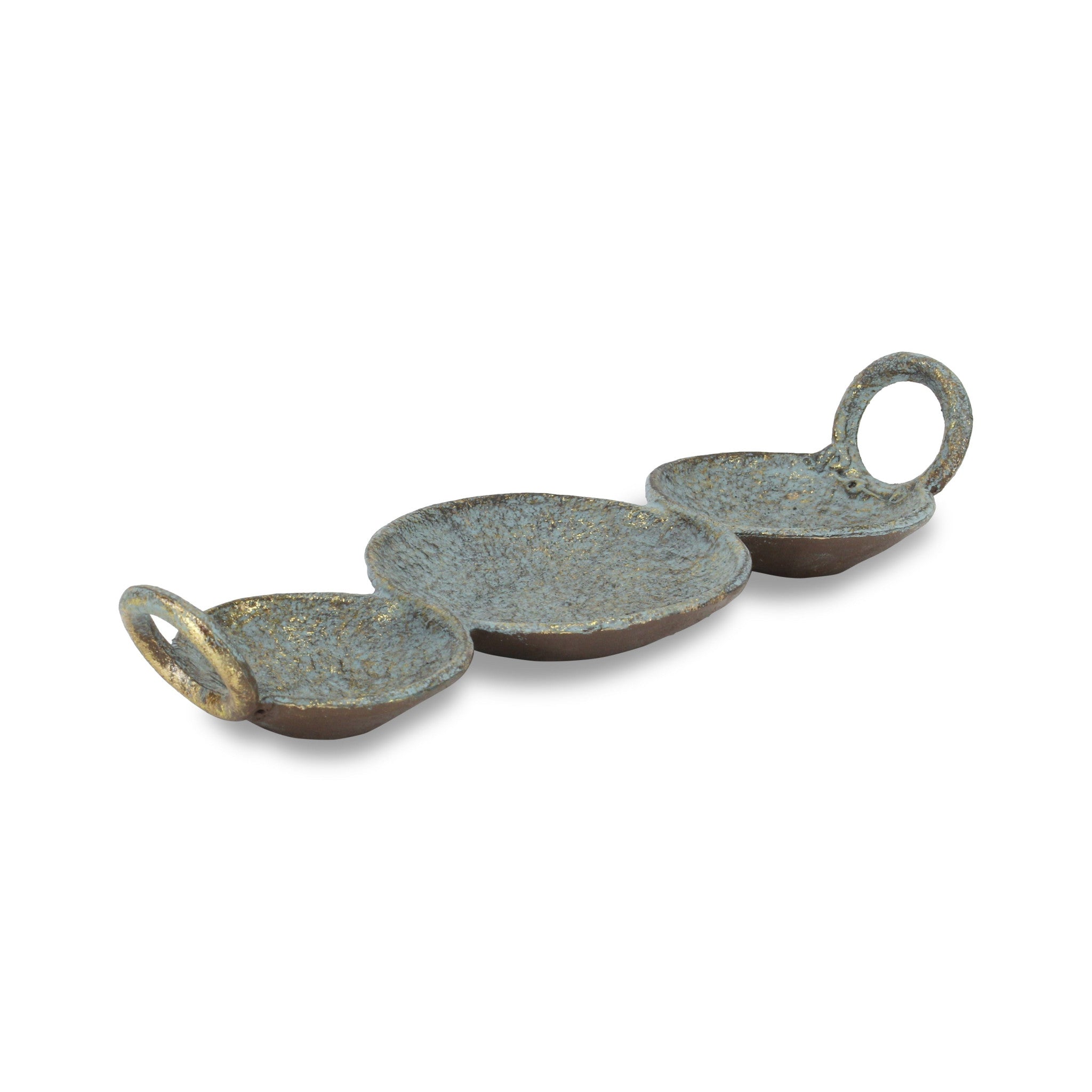 14" Blue and Gold Round Distressed Cast Iron Tri Circle Vanity Tray With Handles - Homeroots - Flyclothing LLC