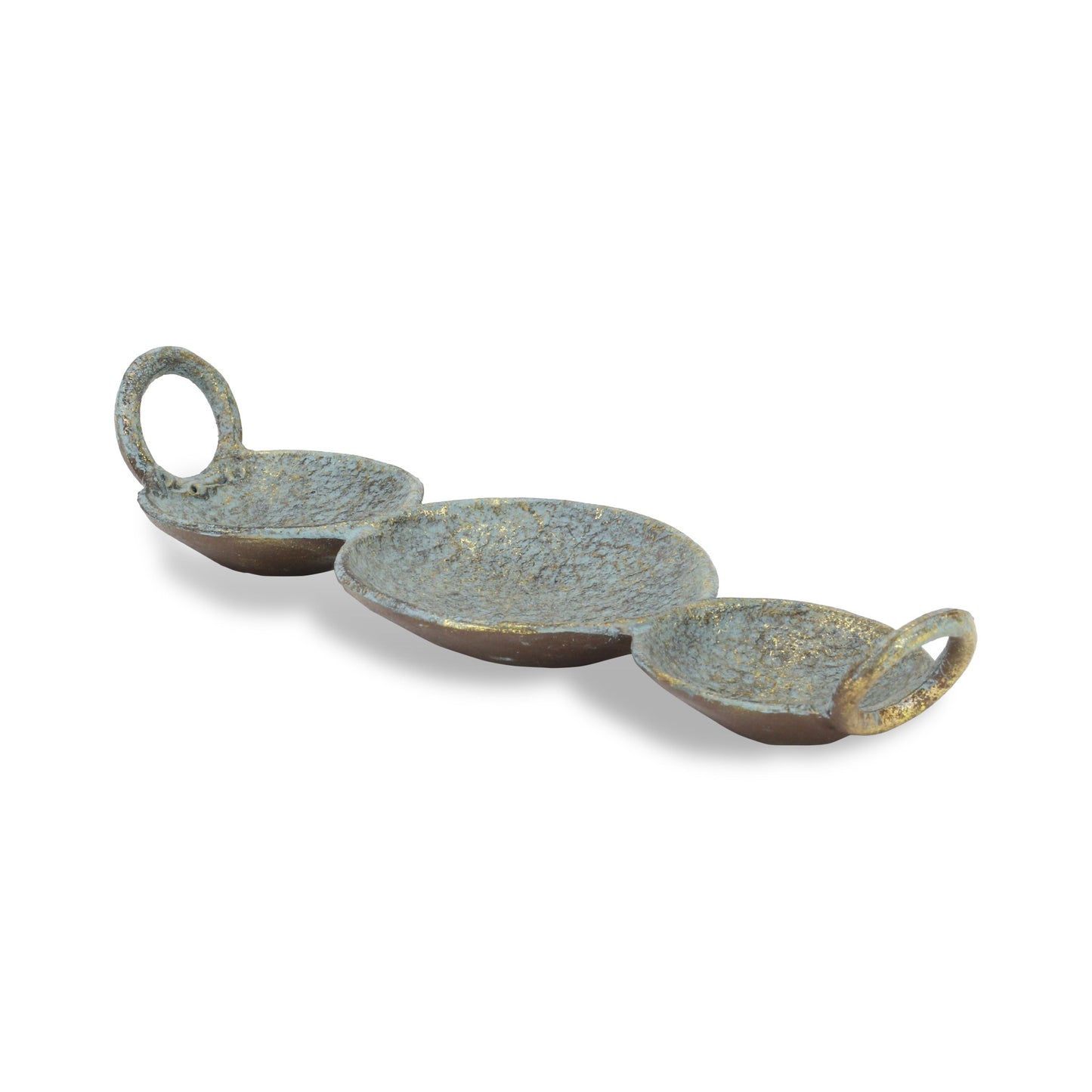 14" Blue and Gold Round Distressed Cast Iron Tri Circle Vanity Tray With Handles - Homeroots - Flyclothing LLC