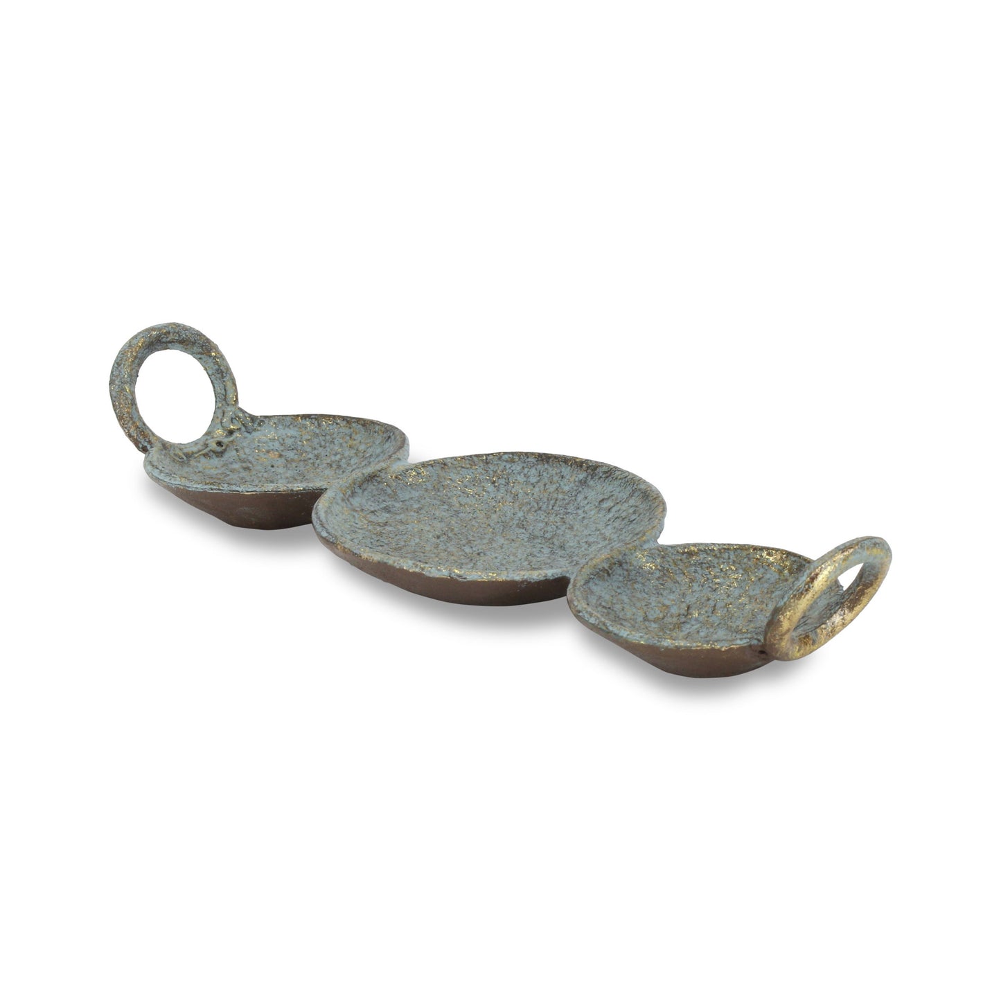 14" Blue and Gold Round Distressed Cast Iron Tri Circle Vanity Tray With Handles - Homeroots - Flyclothing LLC