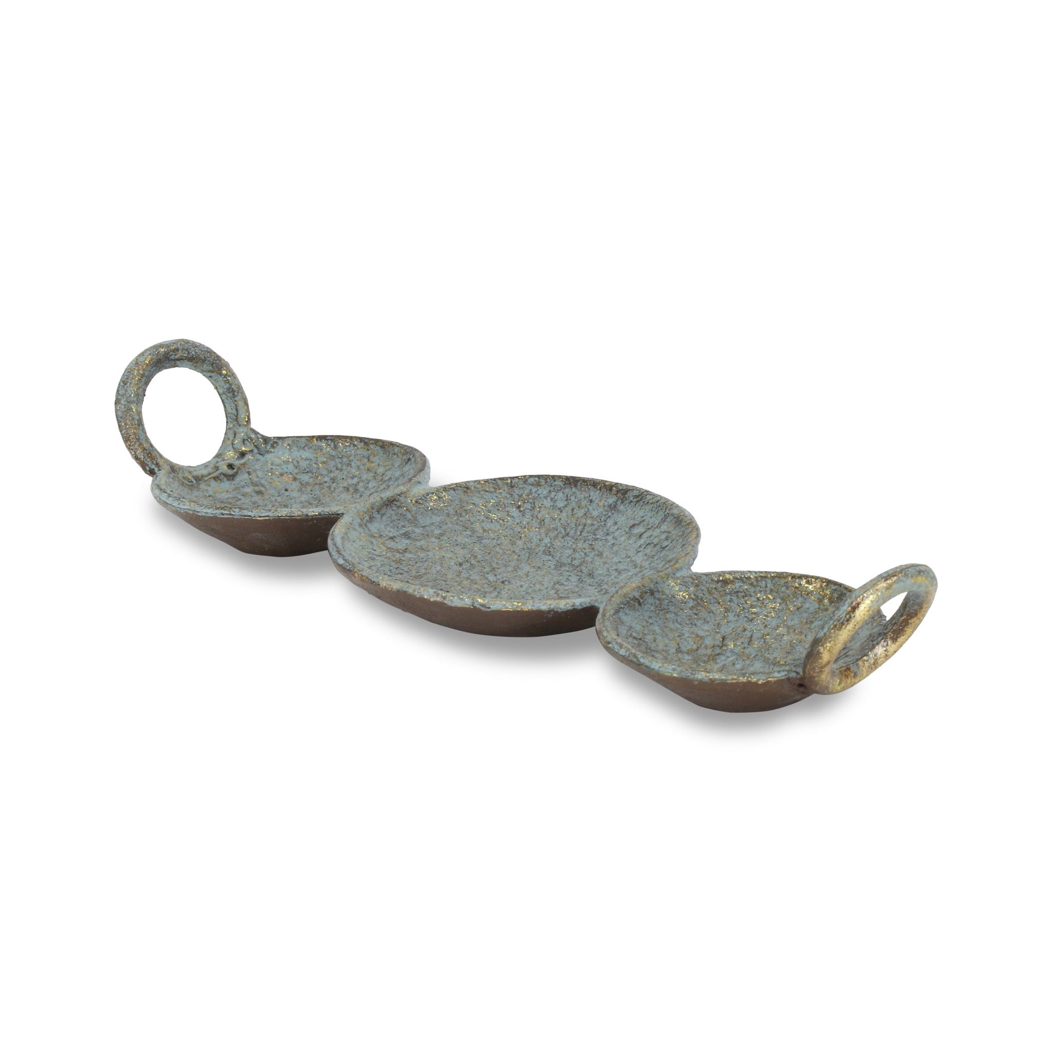 14" Blue and Gold Round Distressed Cast Iron Tri Circle Vanity Tray With Handles - Homeroots - Flyclothing LLC