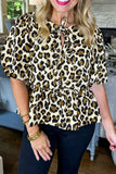 Leopard Bow Tie Front Puff Sleeve Peplum Blouse - Trendsi