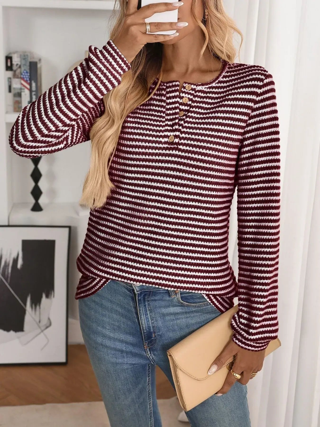 Striped Button Detail Long Sleeve Top - Trendsi - Flyclothing LLC