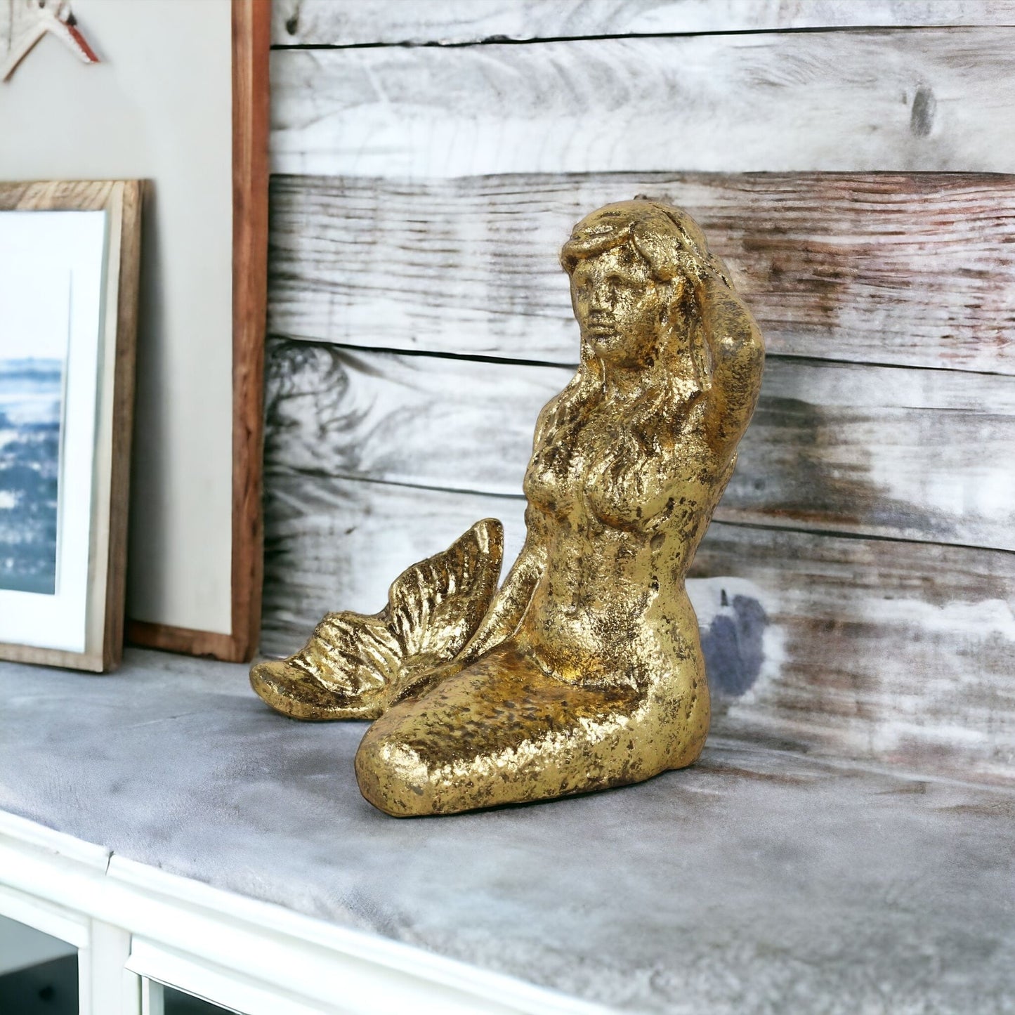 6" Antiqued Brass Cast Iron Mermaid Hand Painted Statue - Homeroots - Flyclothing LLC