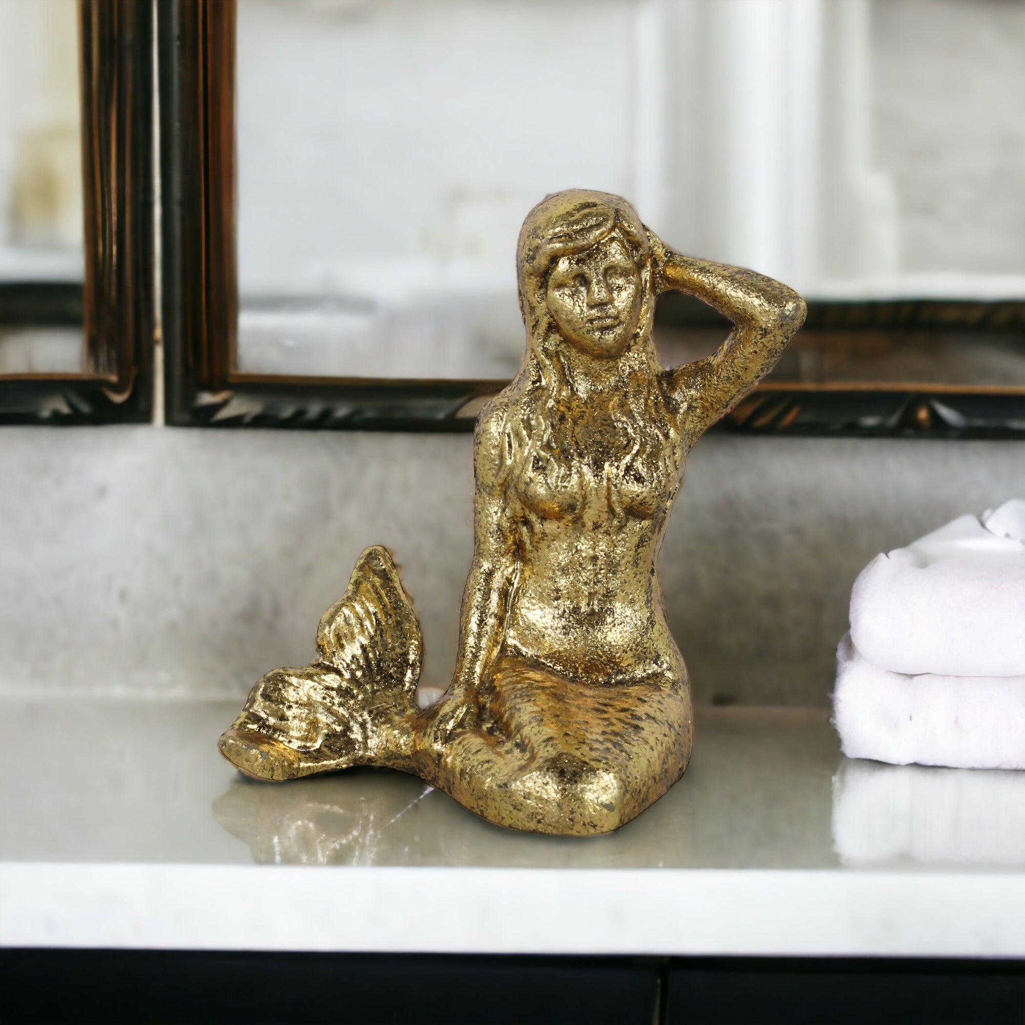 6" Antiqued Brass Cast Iron Mermaid Hand Painted Statue - Homeroots - Flyclothing LLC