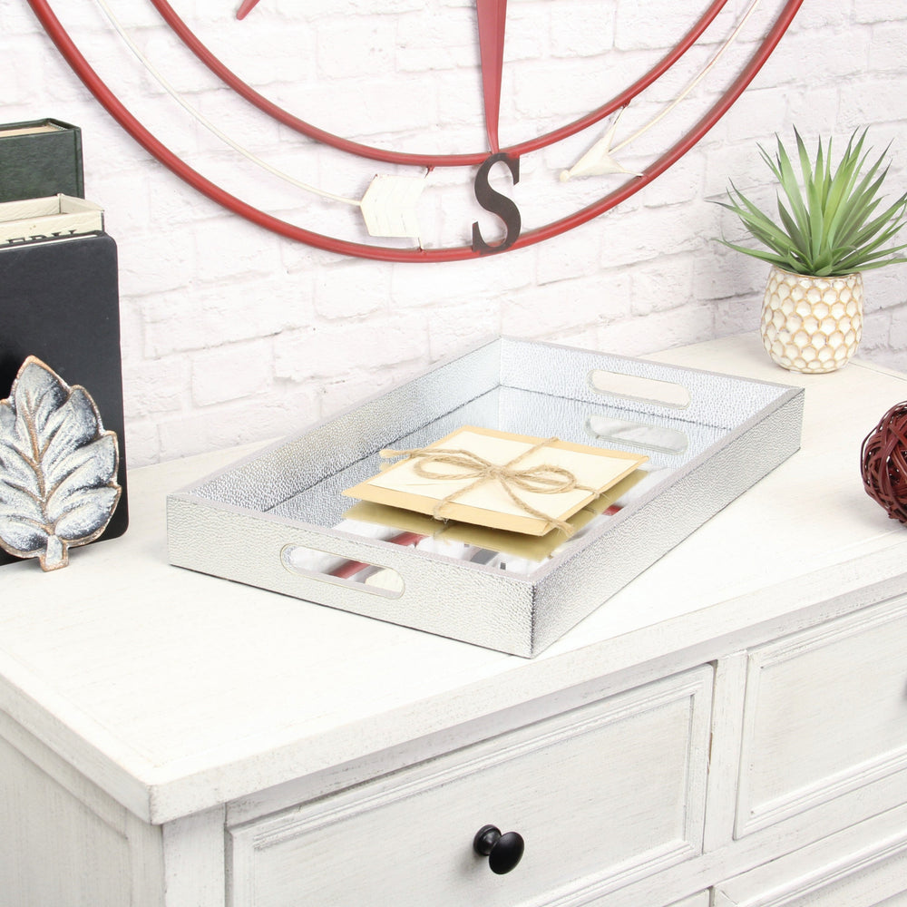 16" Silver Rectangular Wood Handmade Tray With Handles - Homeroots - Flyclothing LLC