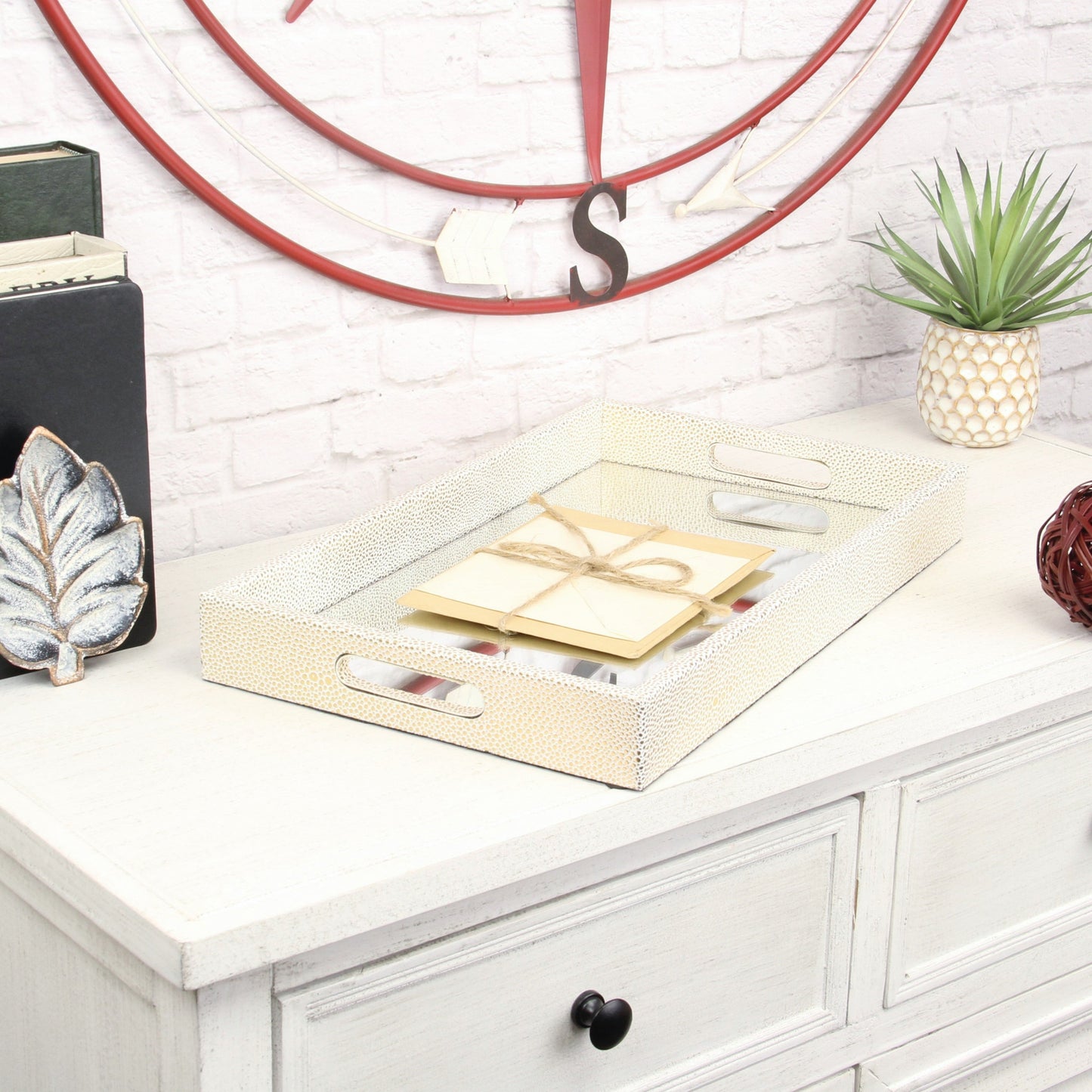 16" White Gold Rectangular Wood Handmade Tray With Handles - Homeroots - Flyclothing LLC