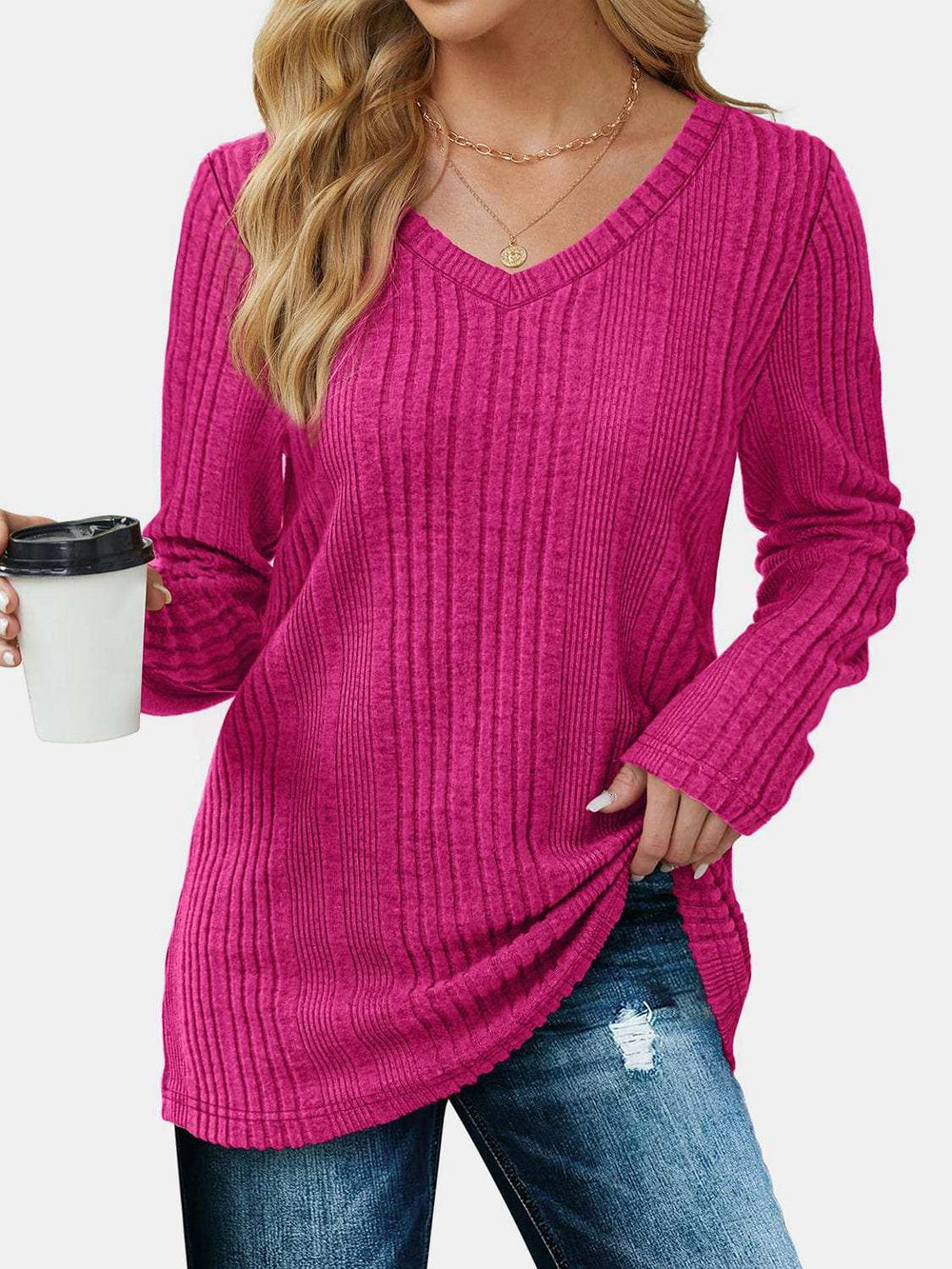 V-Neck Long Sleeve T-Shirt - Trendsi - Flyclothing LLC