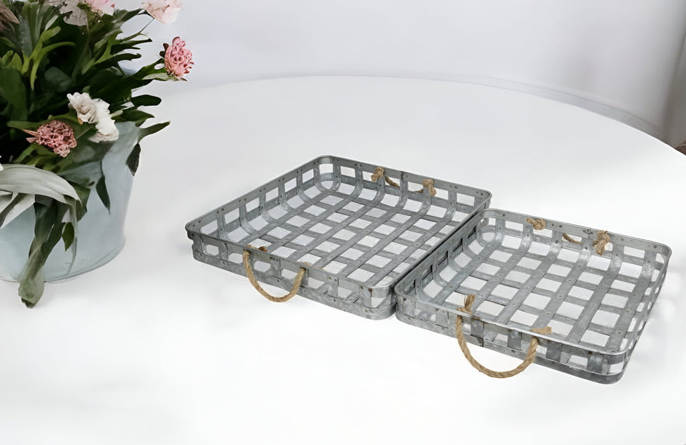Set of Two Gray Rectangular Metal Handmade Serving Tray With Handles - Homeroots