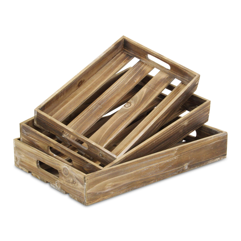 19" Brown Rectangular Wood Handmade Tray With Handles - Homeroots