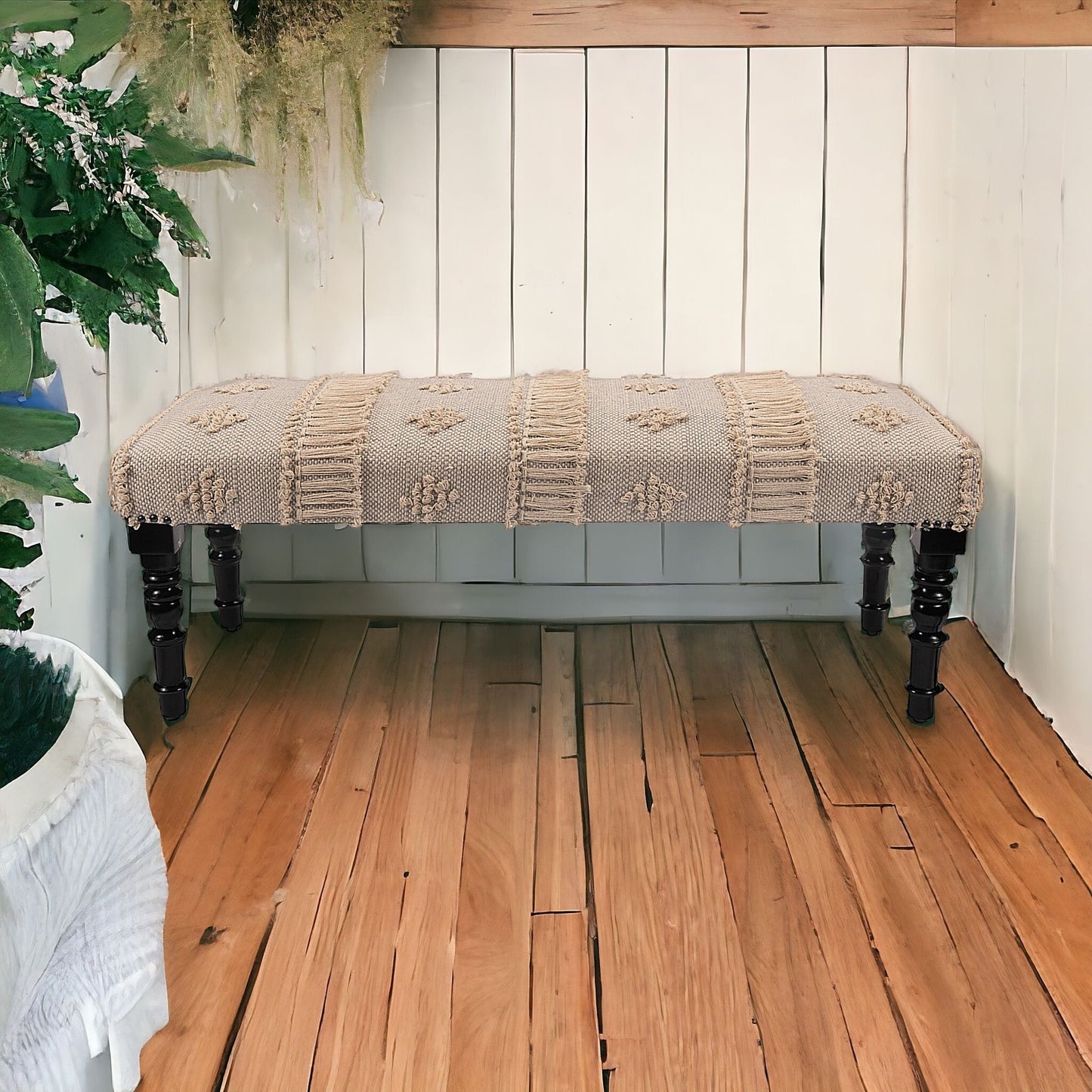 47" Cream And Black Leg Abstract Stripe and Dot Upholstery Bench - Homeroots - Flyclothing LLC